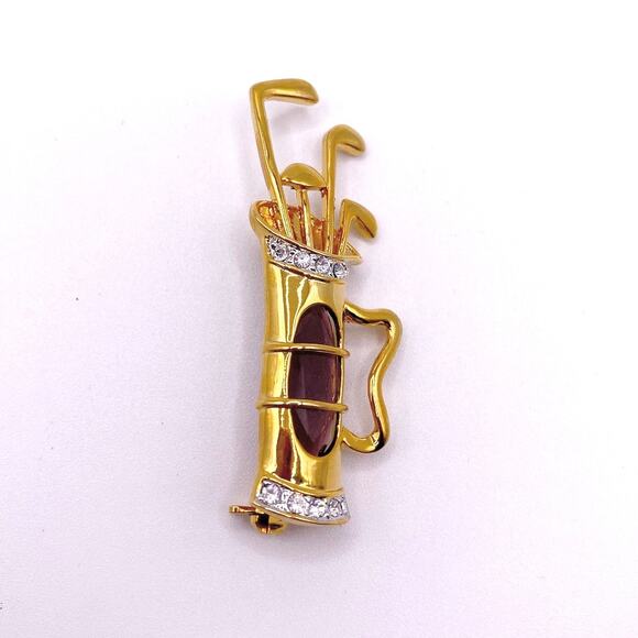 Vntg Gold Tone Golf Bag Brooch With Rhinestones and Purple Glass Stone Accent - Picture 5 of 6